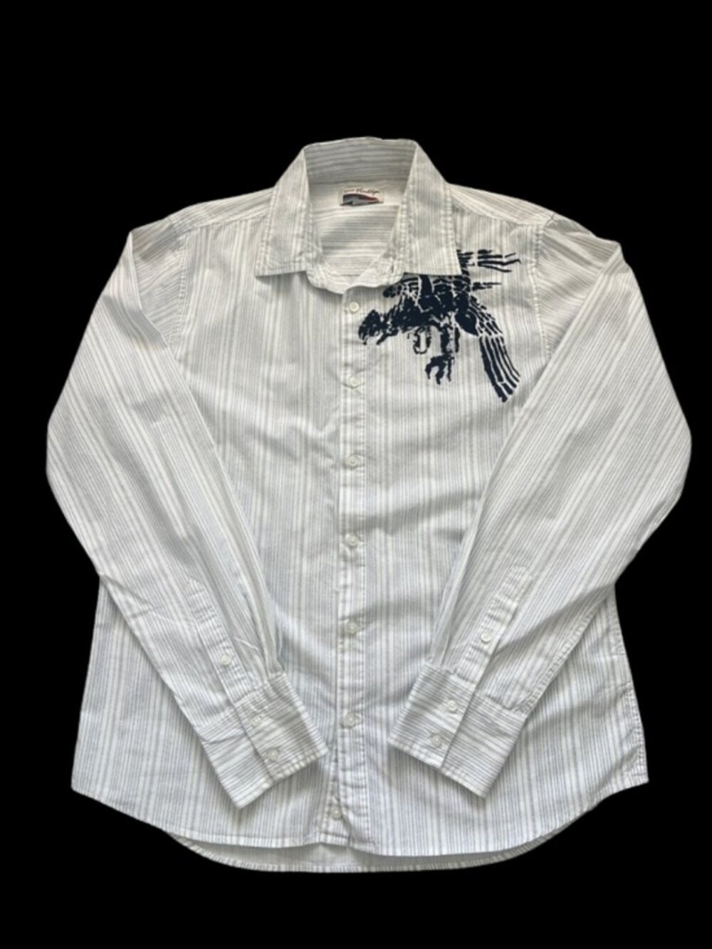 Rare Vintage Brand Men's Striped Button-Down Shirt Navy Eagle Texture Graphic -L
